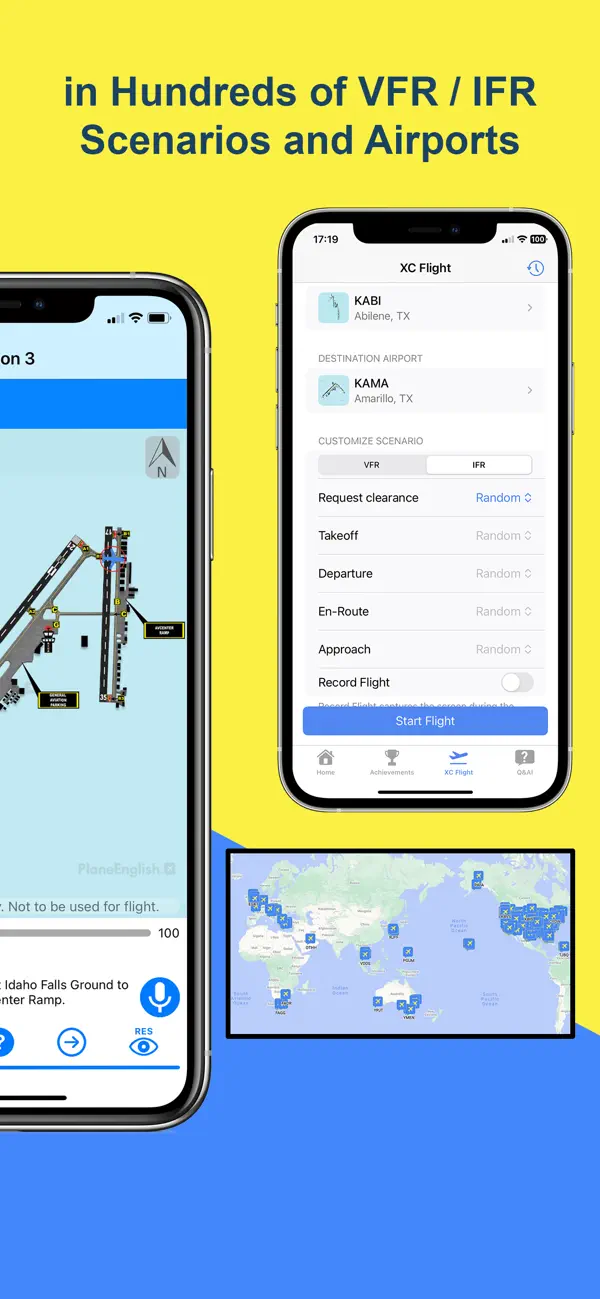 PlaneEnglish ARSim — IFR scenario with approach communication