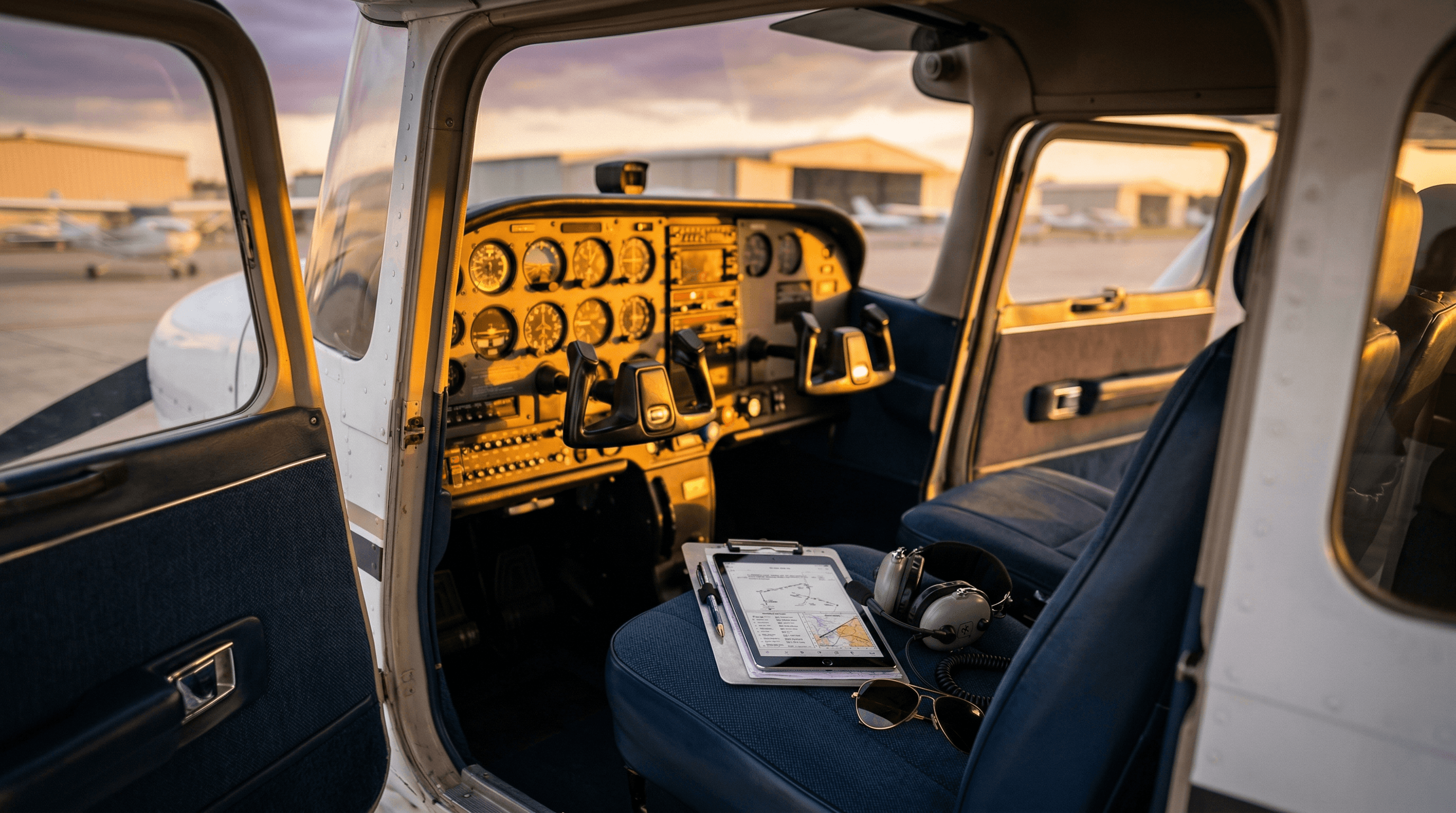 Wide shot of a Cessna 172 or similar GA aircraft parked on an apron at sunset, with an iPad and phone visible through the open cockpit door. Aspirational, warm lighting. Ties the article together — these are the tools you bring to the real airplane.