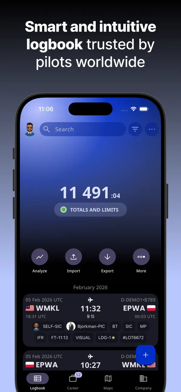 FLYLOG.io — logbook overview with flight records