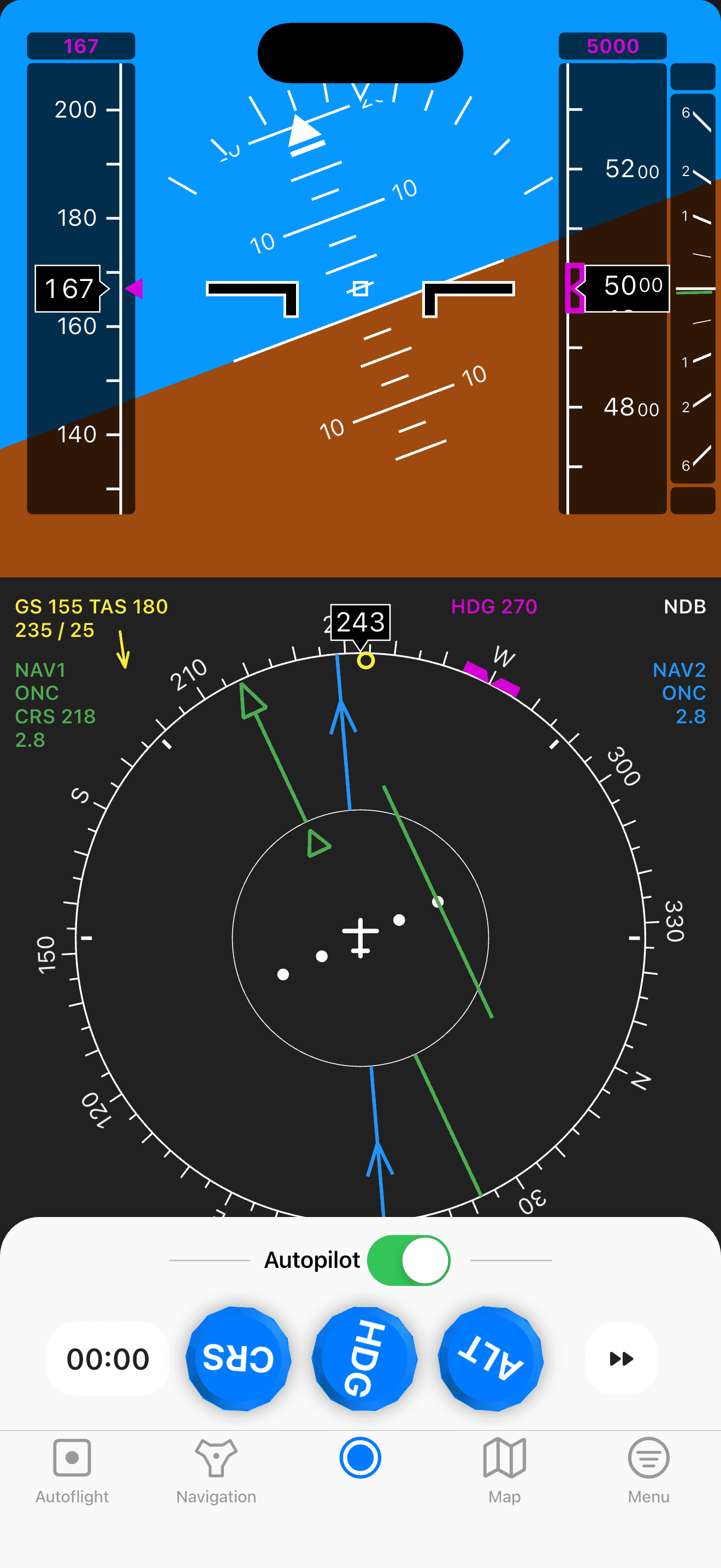 Glass cockpit with PFD and navigation display