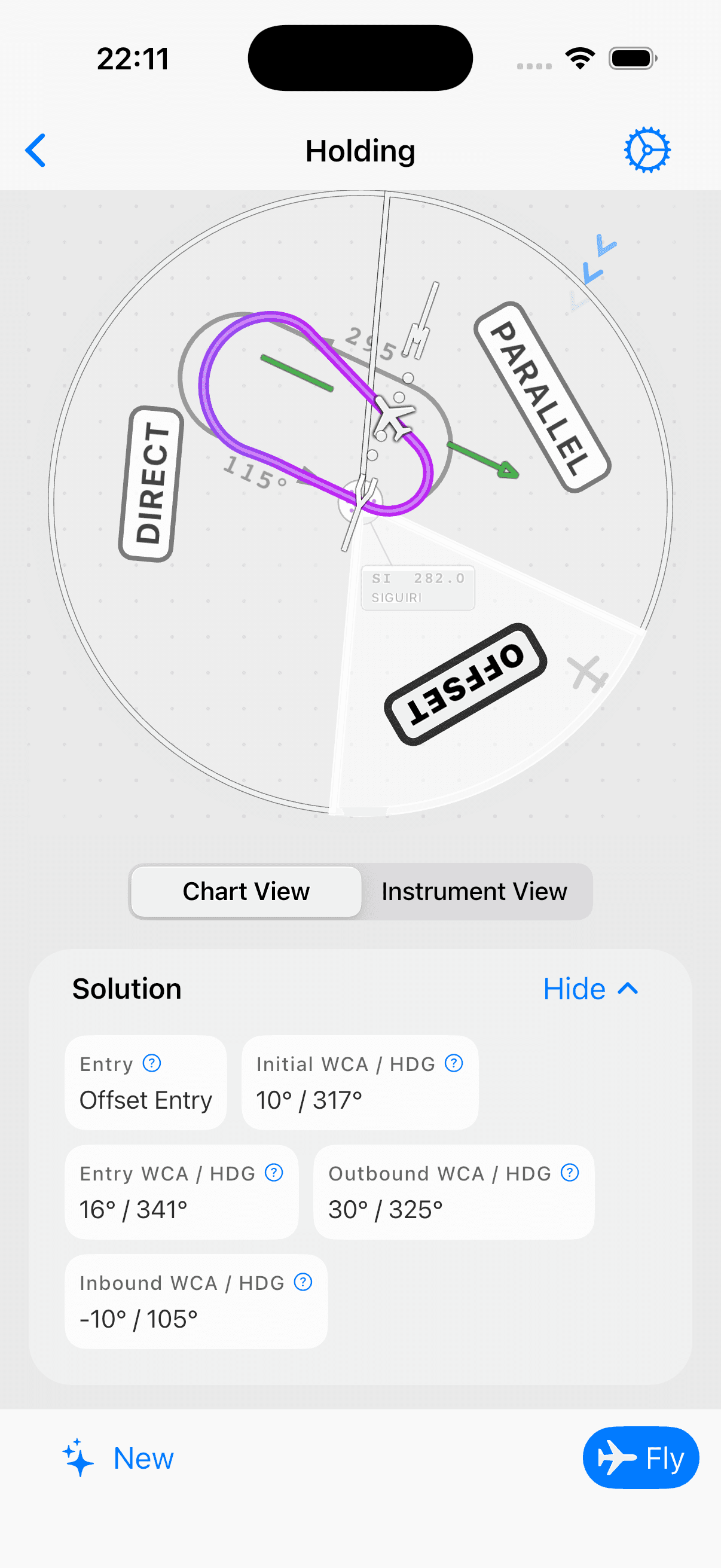 Holding pattern chart view with wind correction overlay