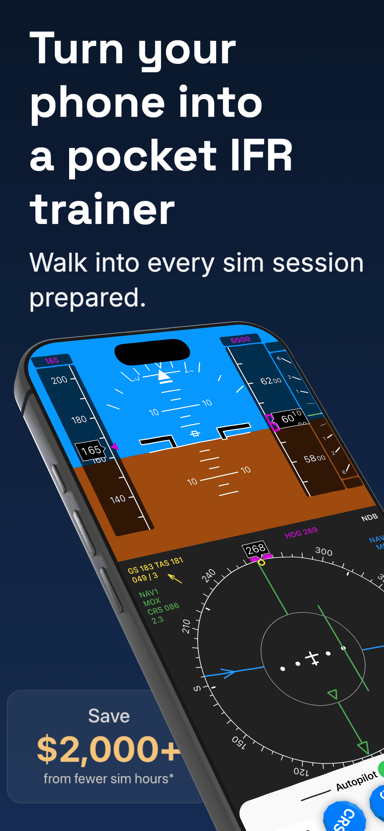 IFR Flight Simulator — glass cockpit with PFD and navigation display