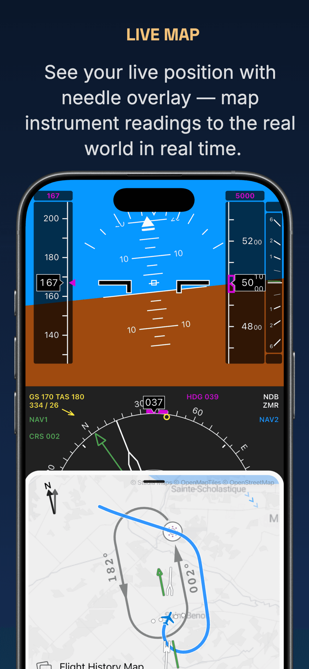 IFR Flight Simulator — live map with needle overlay